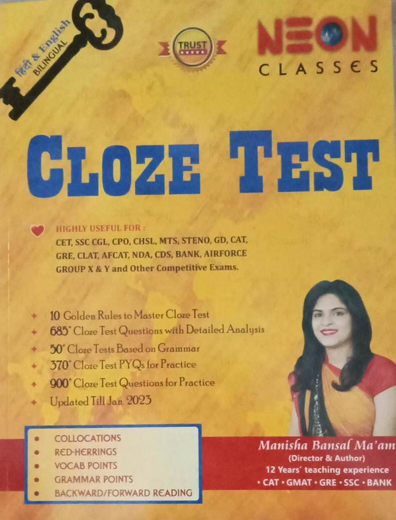 Neon Classes Cloze Test By Manisha Bansal For CAT,SSC,BANK,CDS 2023 Bilingual Edition