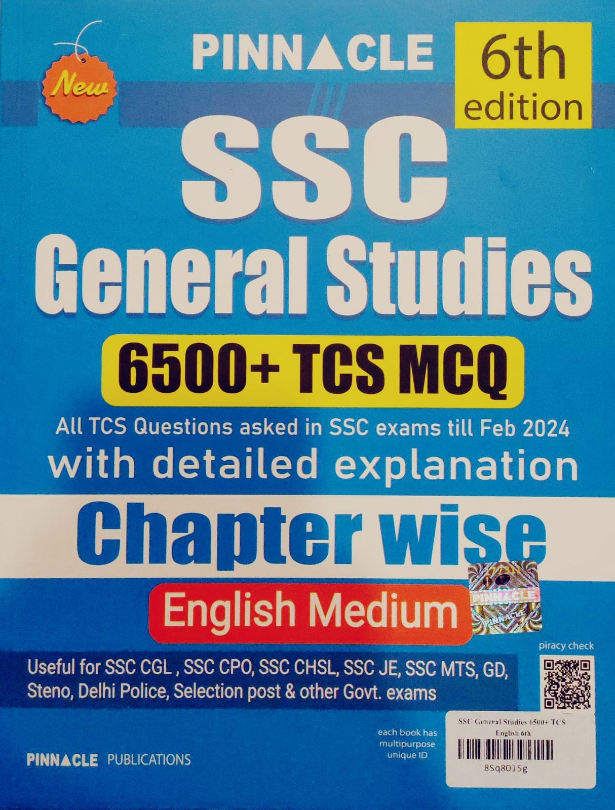 Pinnacle SSC General Studies 6500+ TCS MCQ Chapterwise English Medium 6th Edition 2024 